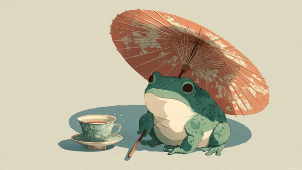 Aesthetic Frog sitting under a paper umbrella beside a tiny teacup, flat vector scene with muted tones.