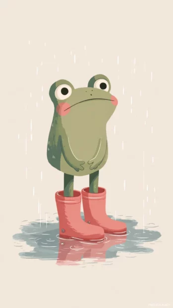 Aesthetic Frog standing in a puddle with rain boots on, minimal cartoon style and pale colors.
