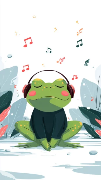 Aesthetic Frog wearing headphones and relaxing with music notes floating around, soft cartoon palette.