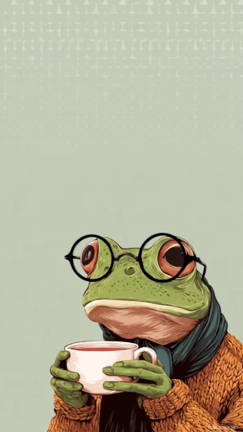 Aesthetic Frog wearing round glasses and sipping tea, minimalist vertical frame with subtle pattern background.