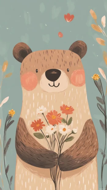 Aesthetic bear holding flowers across simple layered patterns.