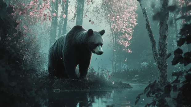 Aesthetic bear in a serene forest scene with soft lighting and gentle hues.