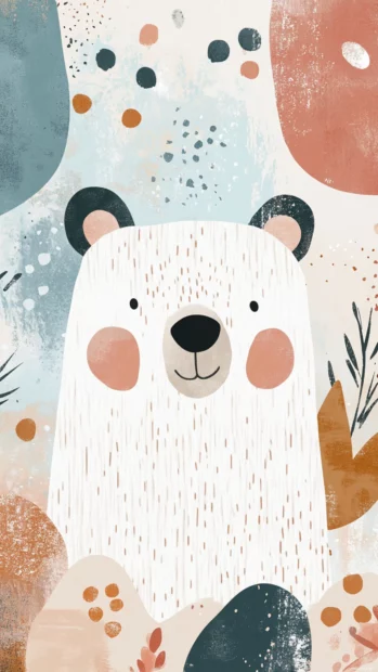 Aesthetic bear wallpaper featuring a cool bear surrounded by abstract shapes and soft color tones.