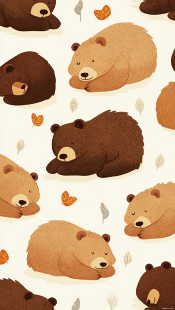 Aesthetic bear wallpaper illustrating a series of brown bears in different sleeping positions on a cream colored background.