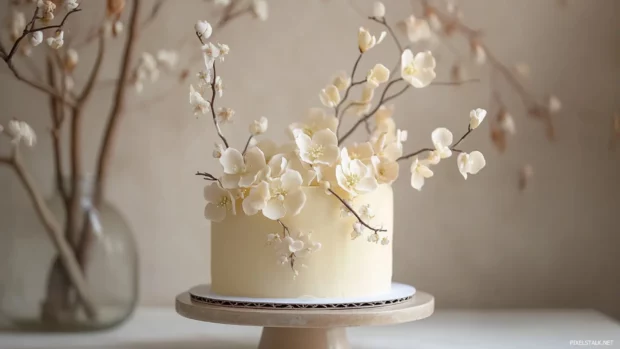 Aesthetic birthday cake with minimalist design, featuring delicate flowers and subtle hues.
