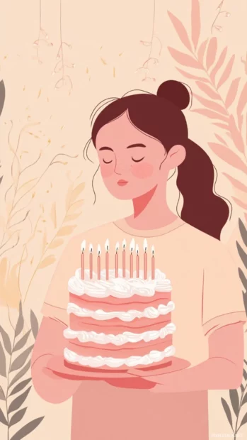Aesthetic birthday scene with soft pink cake and tiny candles.