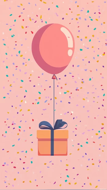 Aesthetic birthday with confetti rain and single balloon tied to a gift.