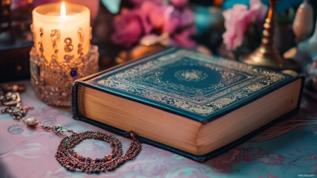 Aesthetic book beside a lit candle and vintage jewelry on a feminine desk.