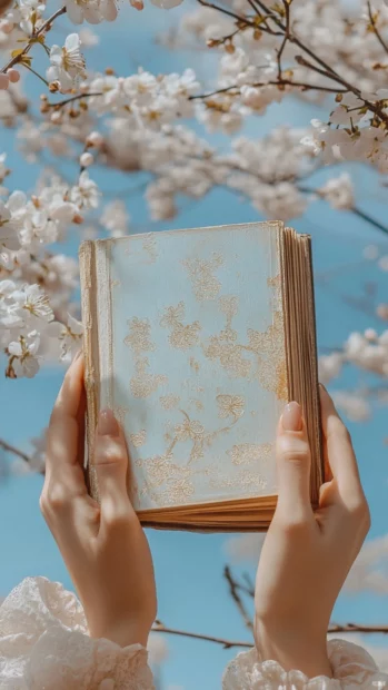 Aesthetic book held by delicate hands with sky and blossoms in the background.