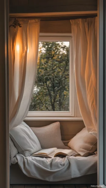 Aesthetic book in cozy reading nook with pillows and pale curtains.