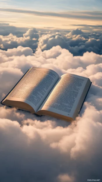 Aesthetic book laid gently over soft clouds in dreamy composition.