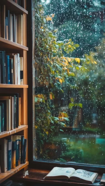 Aesthetic book lover corner with soft rain visible outside.
