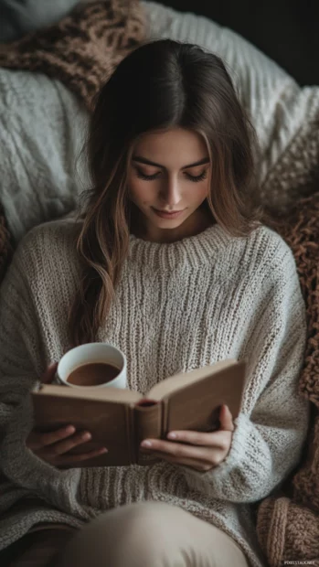 Aesthetic book lover holding a cup of cocoa while reading her favorite story.