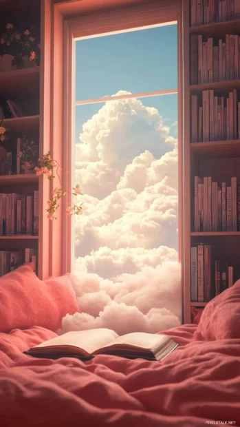 Aesthetic book lover scene with soft clouds visible from the reading spot.