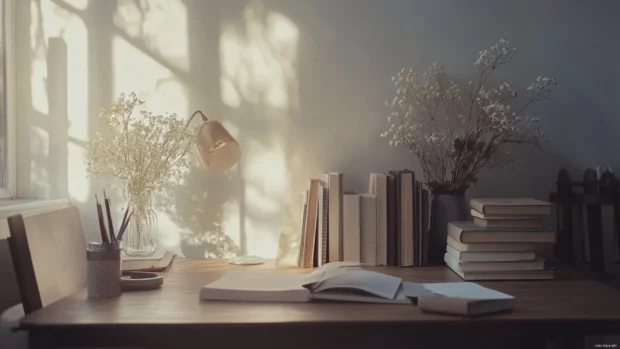 Aesthetic book lover workspace with dainty stationery and soft light.