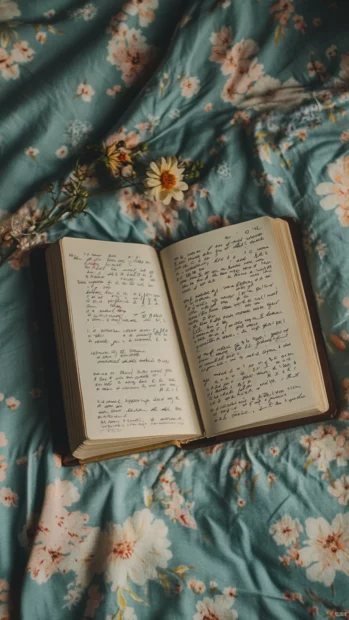 Aesthetic book lying on floral bedspread with handwritten notes beside it.