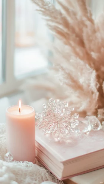 Aesthetic book next to soft blush candle and crystal accessories.