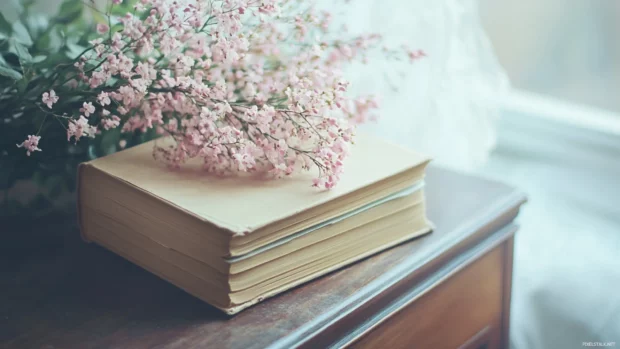 Aesthetic book on a vintage desk with soft pink flowers and natural light, gentle tones.