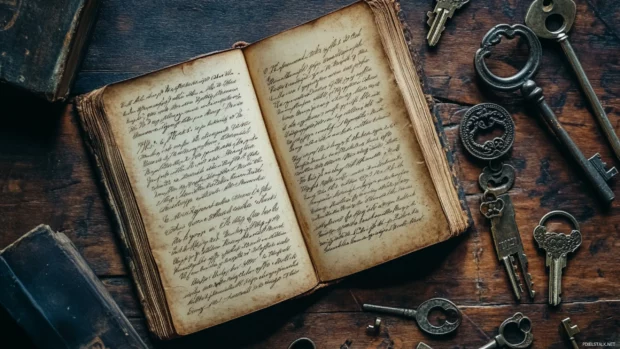 Aesthetic book open beside delicate hand lettering and vintage keys.
