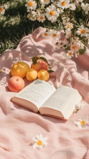 Aesthetic book open on a pink picnic blanket with fruits and a diary.