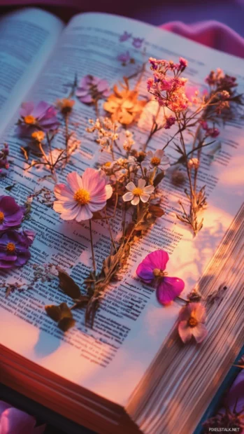 Aesthetic book page close up with pressed flowers and pink lighting.