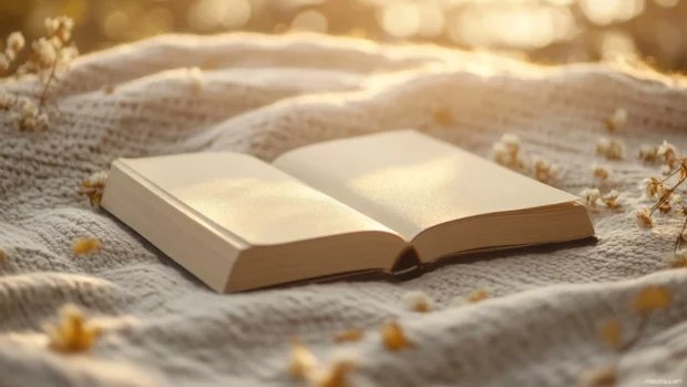 Aesthetic book resting on a beige blanket with subtle floral patterns and golden light.