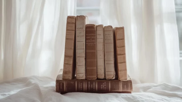 Aesthetic book stacked with other vintage covers and soft white curtains in the background.