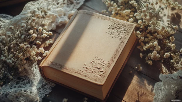 Aesthetic book surrounded by lace, dried flowers and soft shadows on wood.