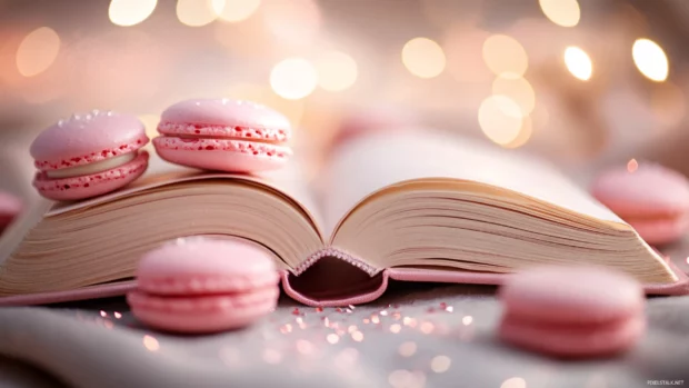 Aesthetic book surrounded by pink macarons and light bokeh sparkles.