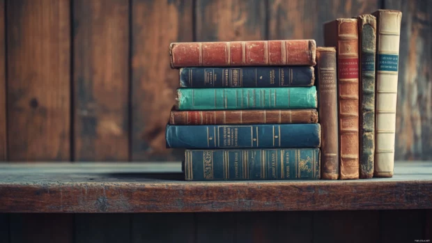 Aesthetic book wallpaper with vintage covers stacked on a distressed wooden shelf and soft focus background.