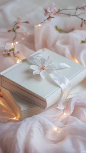 Aesthetic book with dainty ribbon on a soft pastel cloth beside fairy lights.