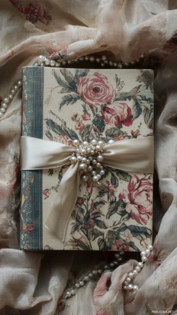 Aesthetic book wrapped in floral fabric with silky bow and pearls.