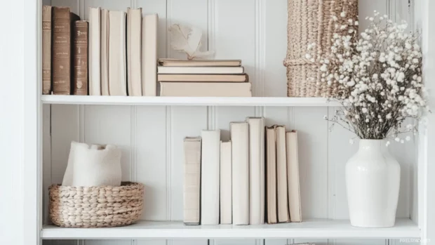 Aesthetic bookshelf featuring neutral tones and Scandinavian decor elements.