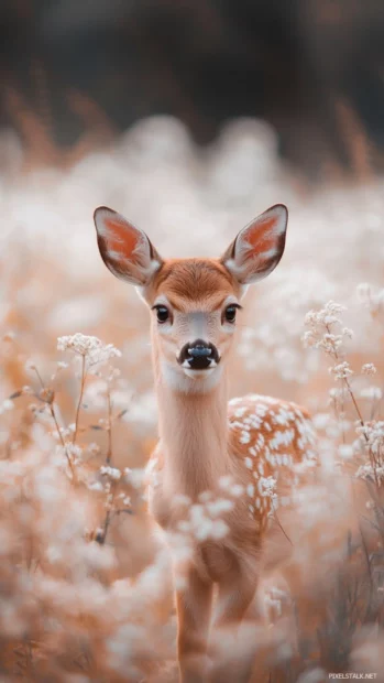 Aesthetic deer wallpaper for iPhone with soft tones, blurred background, and floral foreground around a fawn.