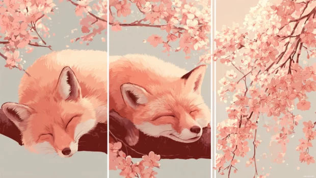 Aesthetic fox wallpaper featuring a pastel minimalist illustration of a sleeping fox under cherry blossoms.