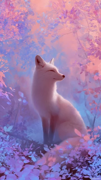 Aesthetic fox wallpaper styled for phone featuring a dreamy fox spirit drifting in pastel forest mist.