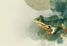 Aesthetic frog desktop wallpaper depicting a frog in nature style with soft watercolor textures and abstract leaf pattern.