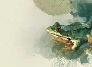 Aesthetic frog desktop wallpaper depicting a frog in nature style with soft watercolor textures and abstract leaf pattern.