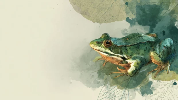 Aesthetic frog desktop wallpaper depicting a frog in nature style with soft watercolor textures and abstract leaf pattern.