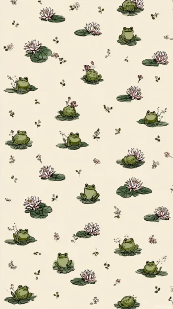 Aesthetic frog pattern wallpaper showing tiny frog icons and lily pad motifs arranged in harmonious flat repeat design.