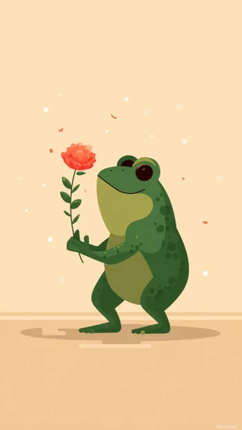 Aesthetic frog phone wallpaper in flat illustration style showing a happy frog holding a flower on a warm beige background.