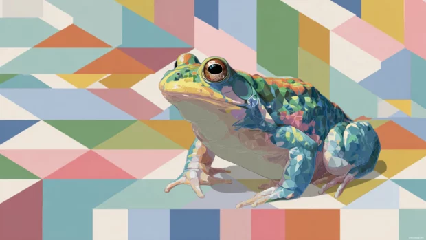 Aesthetic frog wallpaper 4k showing a flat illustration of a stylized frog on pastel geometric tiles pattern.