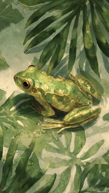 Aesthetic frog wallpaper phone edition capturing dew covered frog blending into watercolor leaf environment.