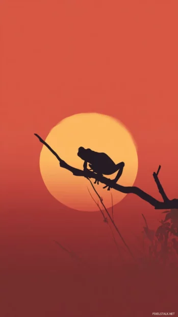 Aesthetic froggy phone wallpaper in minimal line art of a frog perched on a branch against warm sunset gradient.
