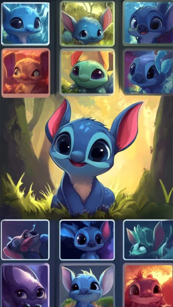 Aesthetic grid of Stitch moments framed like little photo stickers.