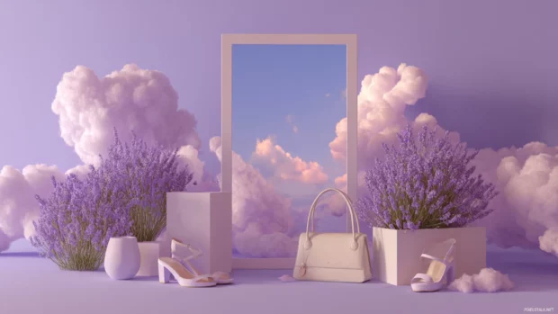 Aesthetic lavender blend of fashion, clouds and blooming plants with minimalist layout.
