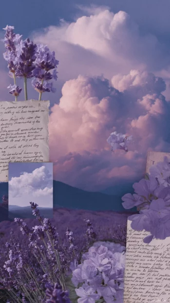 Aesthetic lavender collage for iPhone with dreamy cloud photos, handwritten notes and blooms.