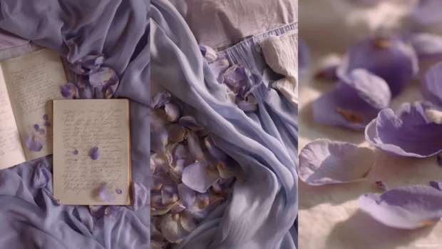 Aesthetic lavender mood board featuring soft fabric, petals and cozy handwritten notes.