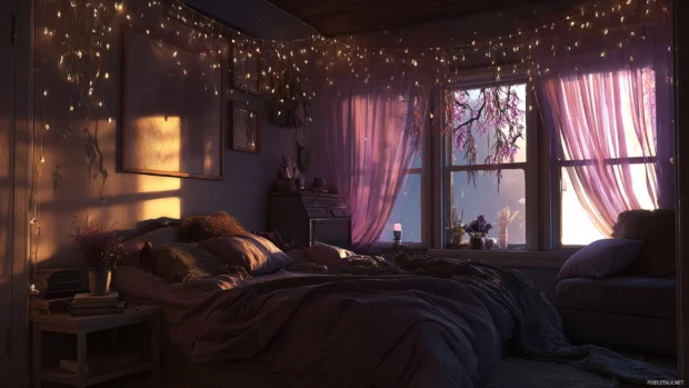 Aesthetic lavender room with fairy lights, cozy bed and open window at golden hour.