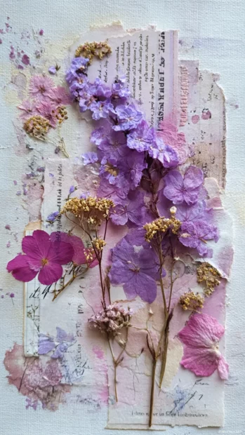 Aesthetic lavender themed journal collage with scrapbook layers and pressed blooms.